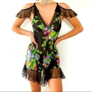 Betsy Johnson 2000’s sheer black floral ruffled mini dress (S-M)